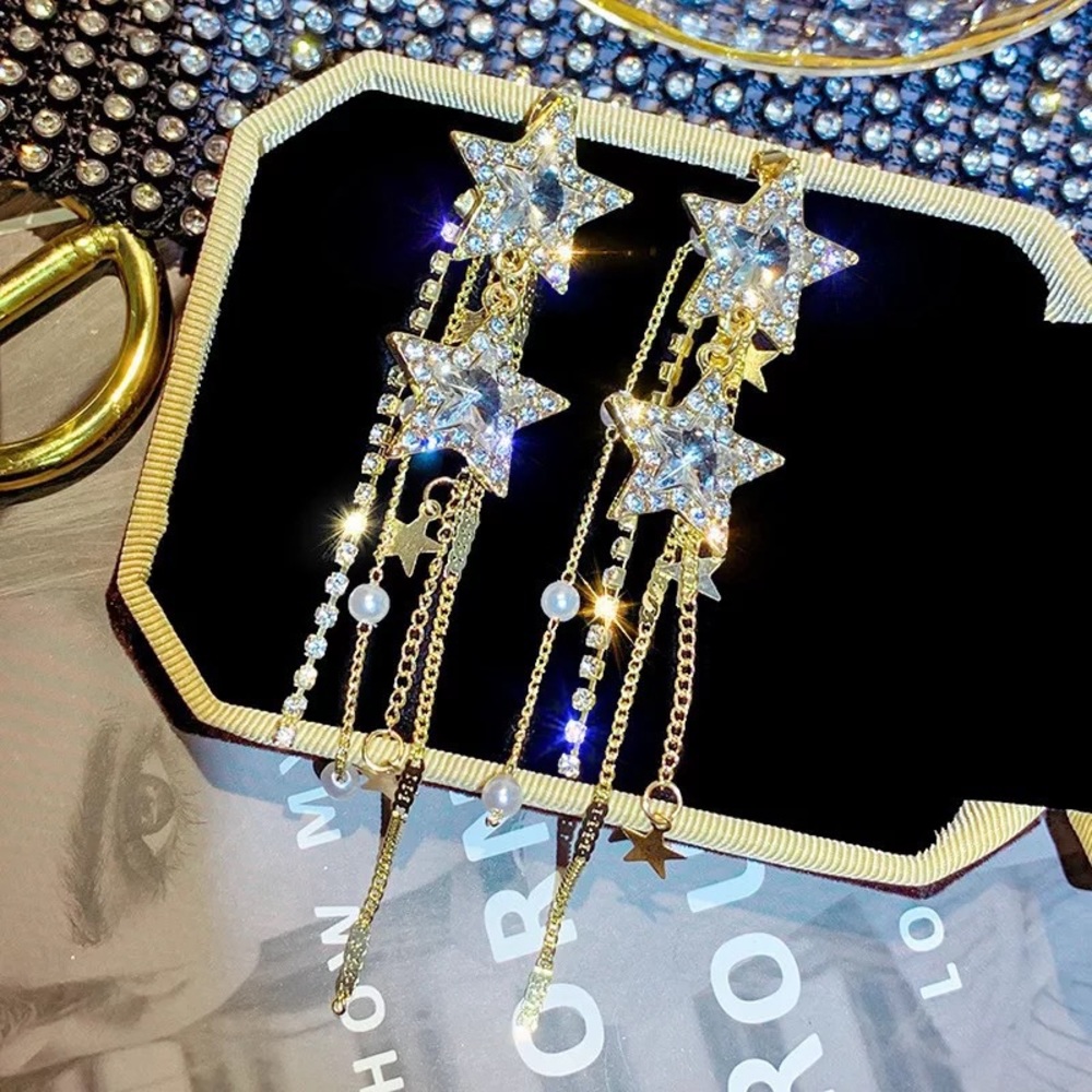 🌺Shiny Star Long Tassel crystal Drop earring - Picture 9 of 16